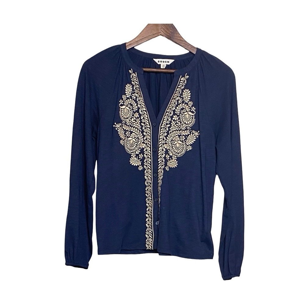 Boden Alma Women Embroidered Shirt US 6 Navy Blue Cotton Long Sleeve Blouse